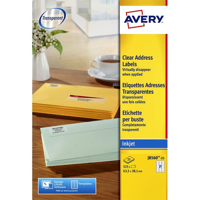 Avery - J8560-25 Étiquettes d'adresse FT 63,5 x 38,1 mm (B x H), 525 Étiquettes, transparente