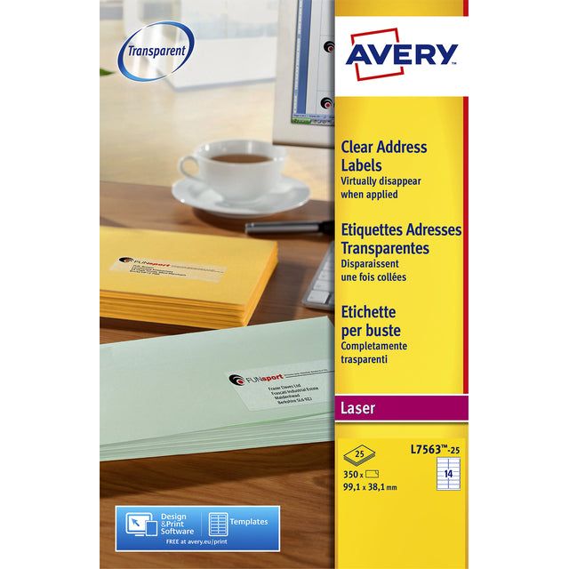 Avery - transparante etiketten QuickPEEL ft 99,1 x 38,1 mm (b x h), 350 stuks, 14 per blad