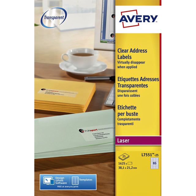 Avery - L7551-25 adresetiketten ft 38,1 x 21,2 mm (b x h), 1.625 etiketten, transparant