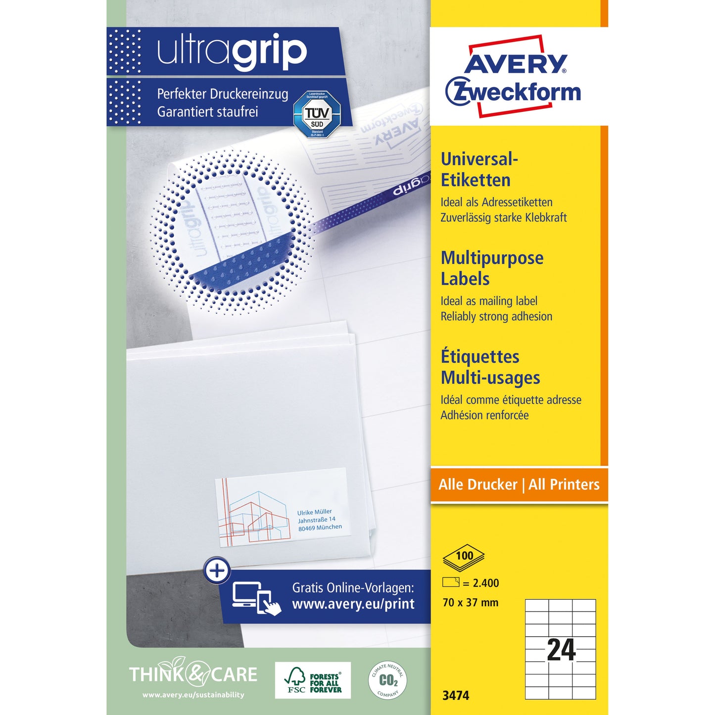Avery Zweckform -  Etiket Zweckform 3474 70x37mm wit 2400 stuks