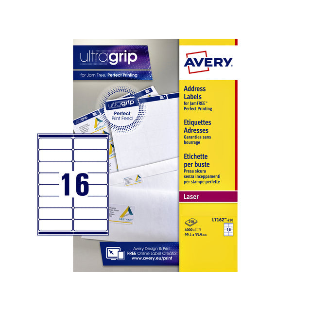 Avery - L7162, étiquettes d'adresse, laser, ultragrip, blanc, 250 feuilles, 16 par feuille, 99,1 x 33,9 mm