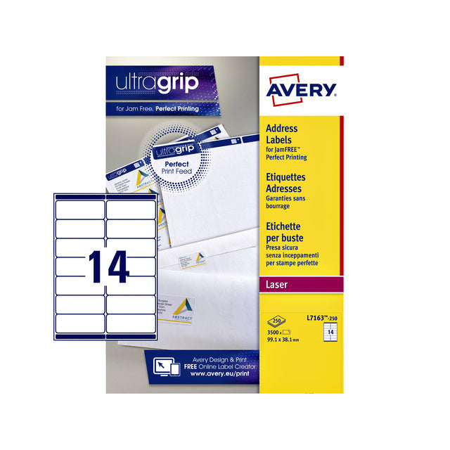 Avery - L7163, étiquettes d'adresse, laser, ultragrip, blanc, 250 feuilles, 14 par feuille, 99,1 x 38,1 mm