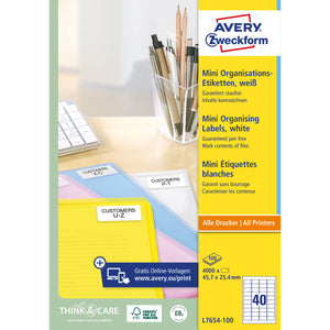 Avery -  Etiket  l7654-100 45.7x25.4mm wit 4000st