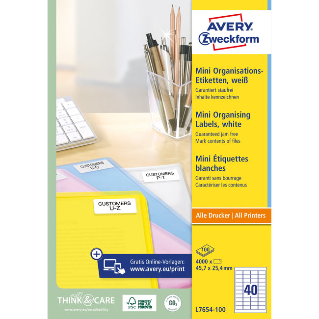 Avery -  Etiket  l7654-100 45.7x25.4mm wit 4000st