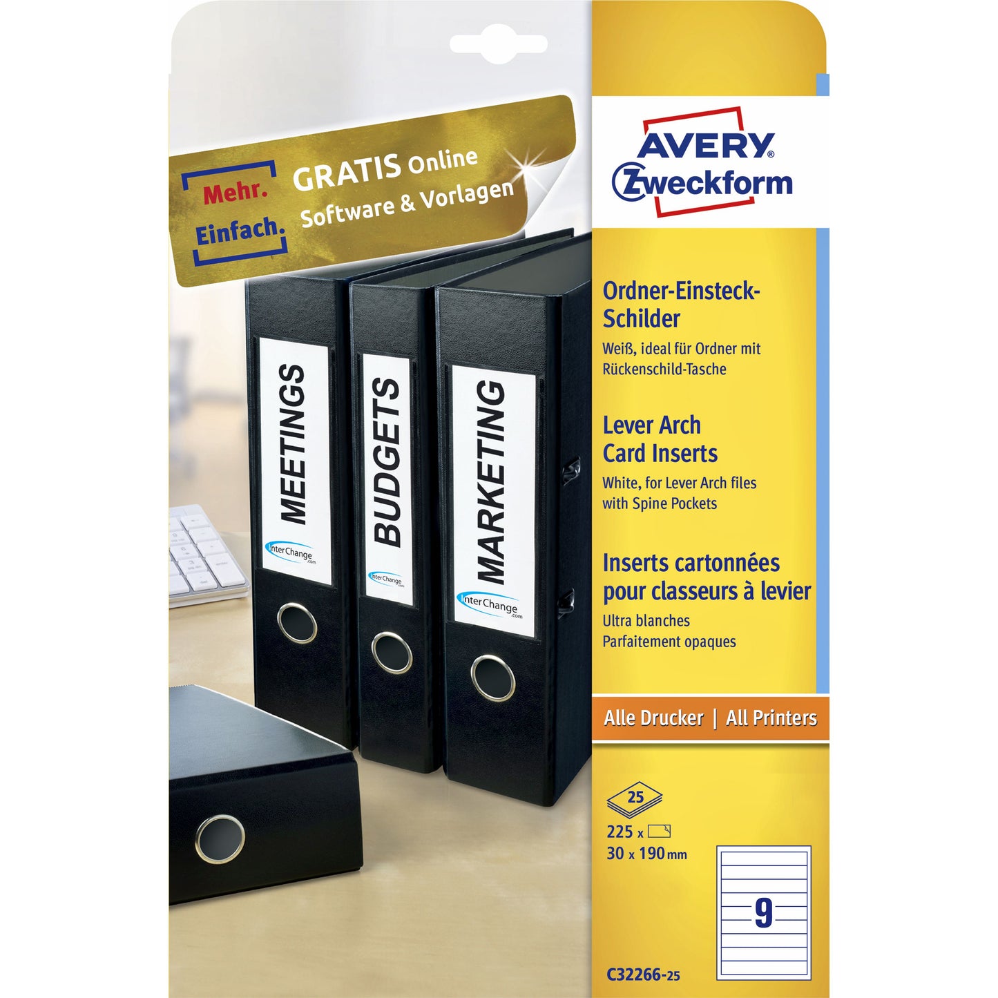 Avery Zweckform - Carte d'insertion au dos Zweckform étroit 30x190mm blanc 25 feuilles