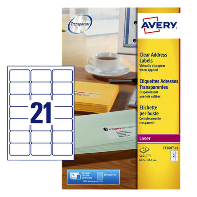 Avery - L7560-25 adresetiketten ft 63,5 x 38,1 mm (b x h), 525 etiketten, transparant