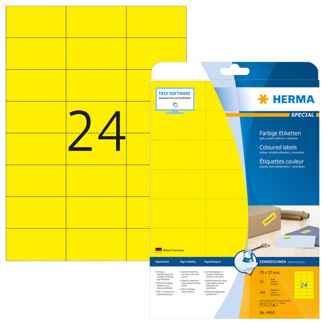 HERMA -  Etiket 4466 70x37mm verwijderbaar geel 480 stuks