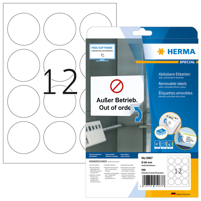 HERMA - Etiquette 5067 60mm amovible blanche 300 étiquettes