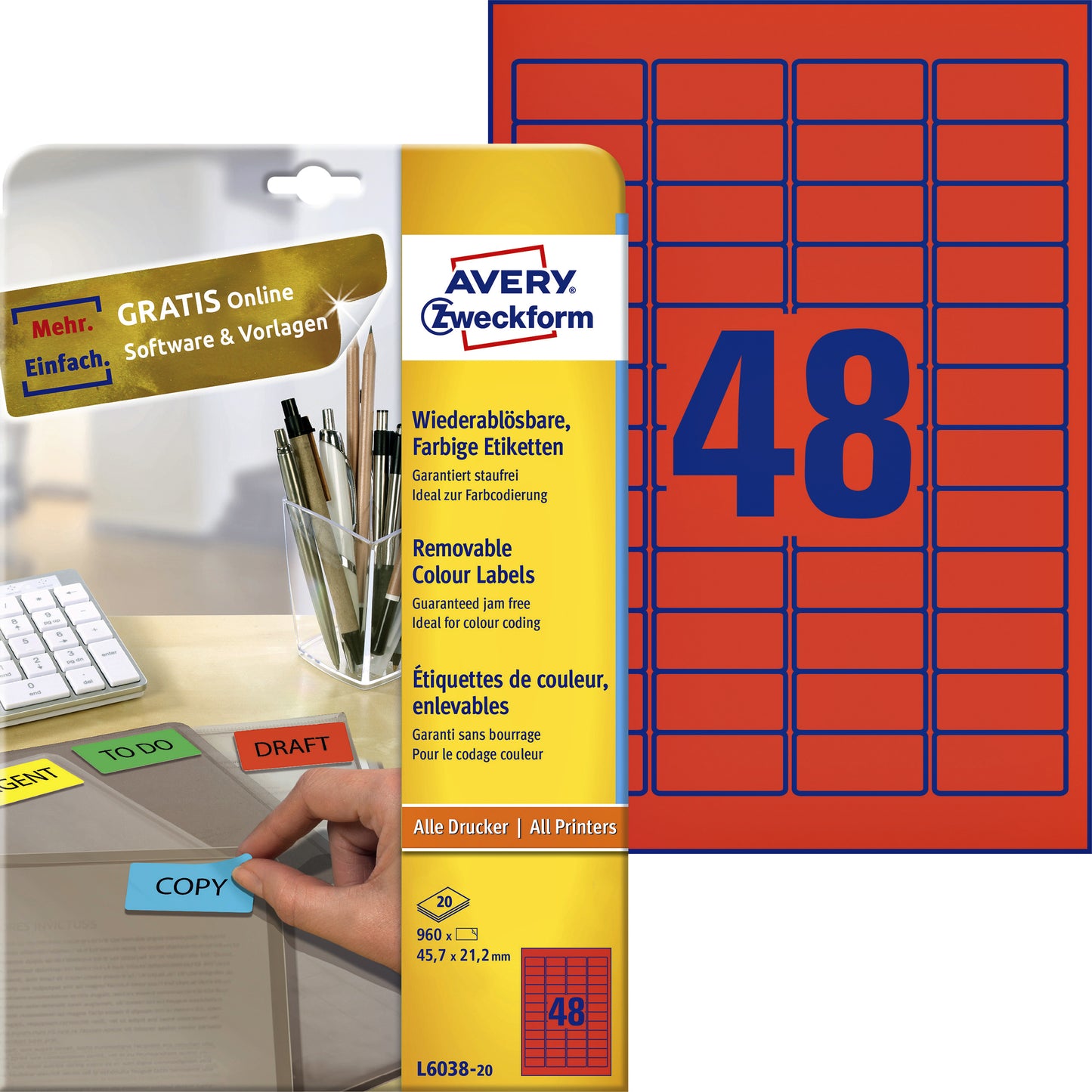 Avery -  Etiket  l6038-20 45.7x21.2mm rood 960 stuks