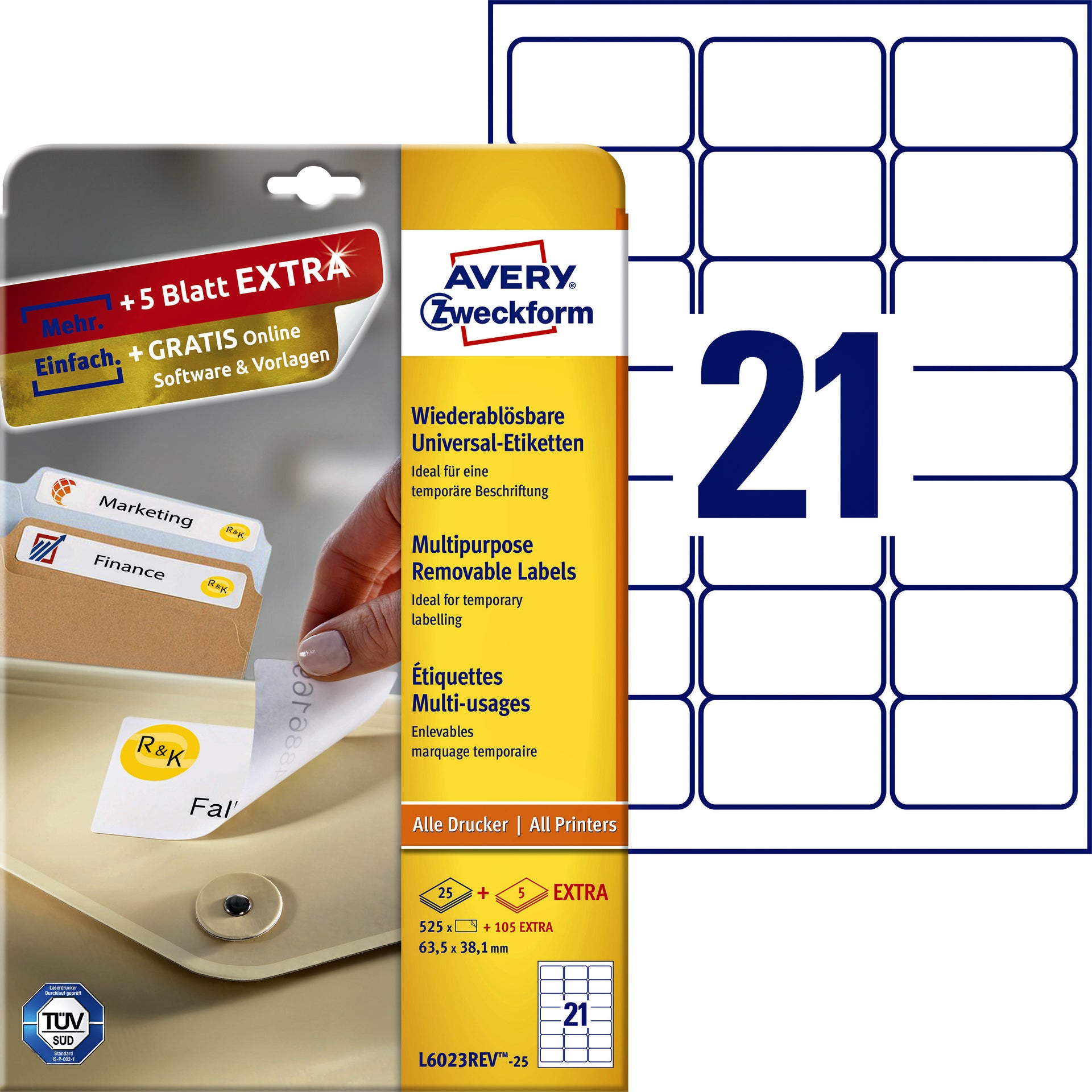 Avery Zweckform - Etikett Zweckform L6023REV-25 63,5x38,1mm ablösbar weiß 525 Stück