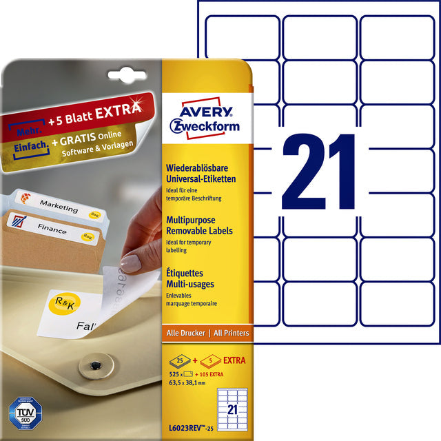 Avery Zweckform - Zweckform L6023REV-25 afneembare etiketten ft 63,5 x 38,1 mm (b x h), 525 etiketten, wit