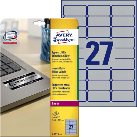 Avery -  Etiket  l6011-20 63.5x29.6mm zilver 540st | 5 stuks