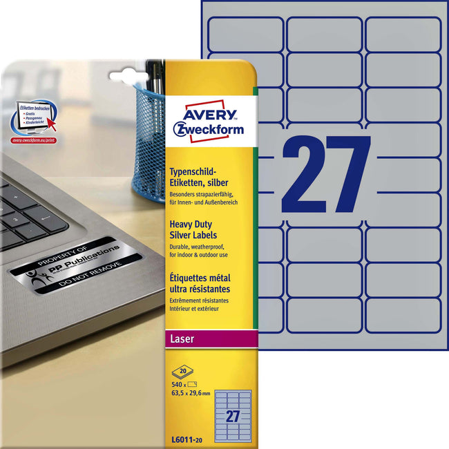 Avery -  Etiket  l6011-20 63.5x29.6mm zilver 540st | 5 stuks