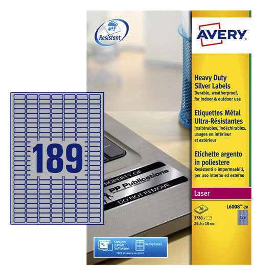 Avery - Étiquette L6008-20 25,4x10mm argent 3780 étiquettes | 5 pièces