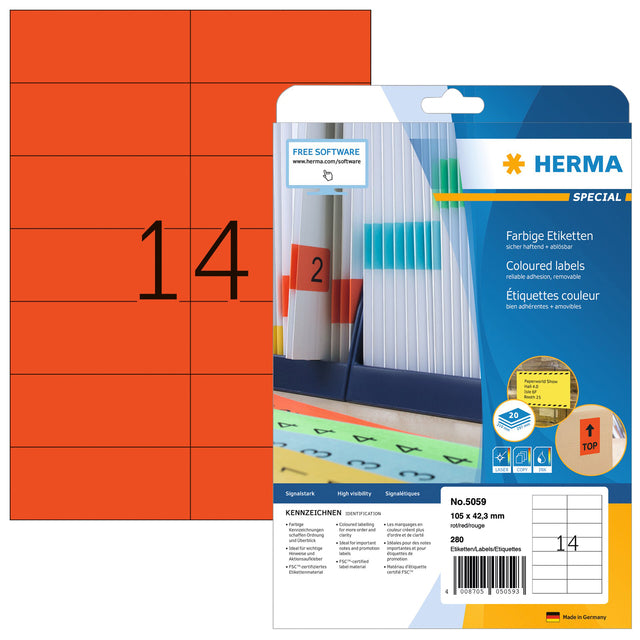 HERMA -  Etiket 5059 105x42.3mm verwijderbaar rood 280 stuks