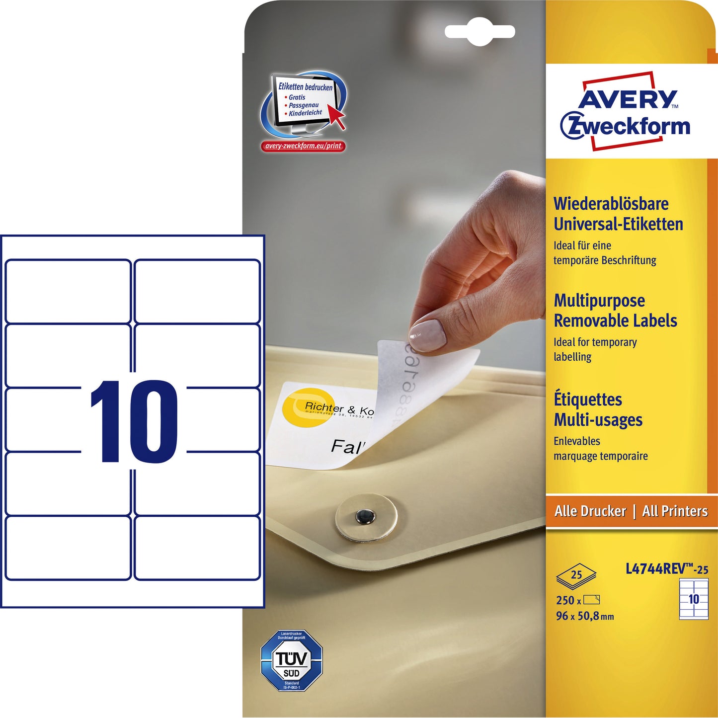 Avery Zweckform -  Etiket avery l4744rev-25 96x50.8mm wit 250st