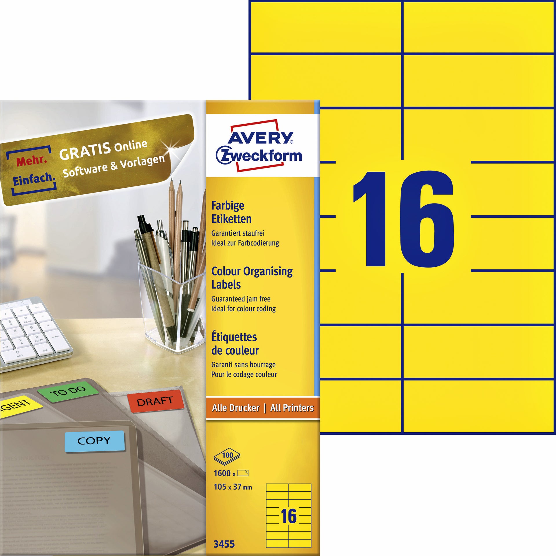 Avery Zweckform -  Etiket avery 3455 105x37mm geel 1600st