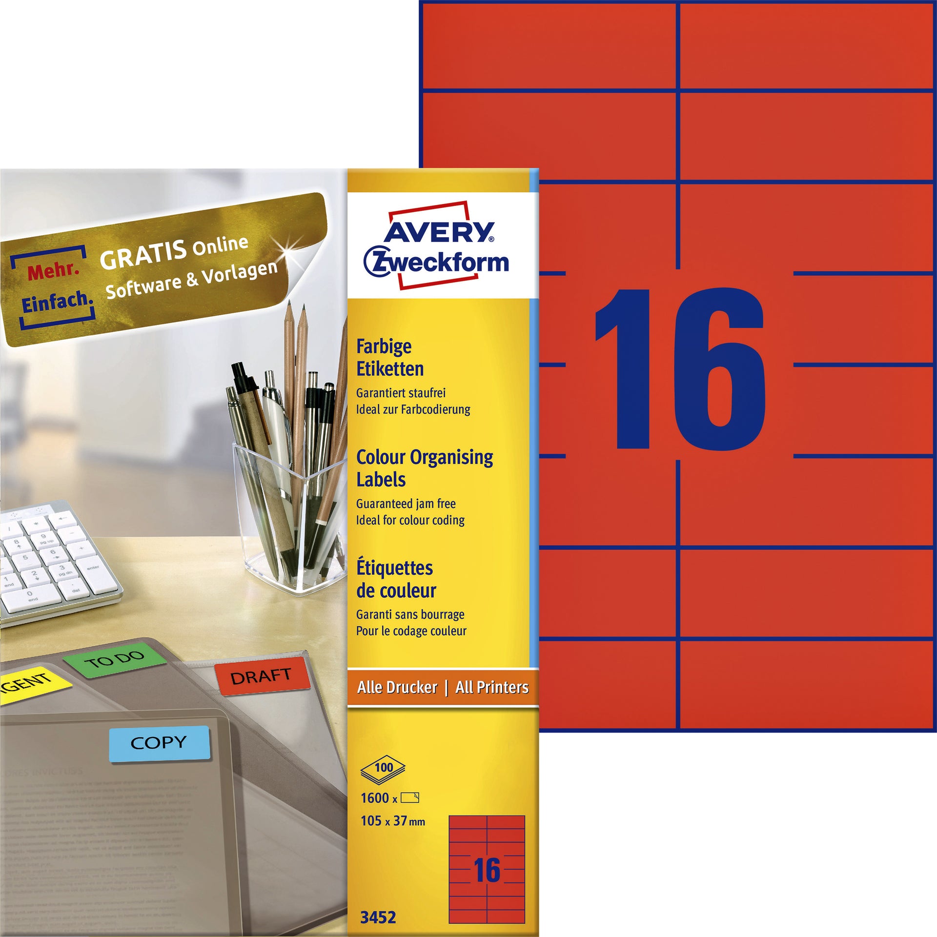 Avery Zweckform -  Etiket avery 3452 105x37mm rood 1600st | 5 stuks