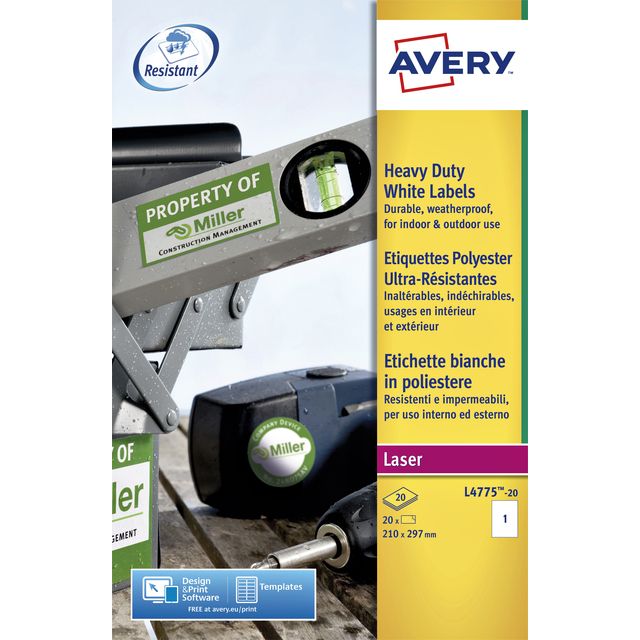 Avery - Étiquette L4775-20 210x297mm polyester blanc 20 étiquettes