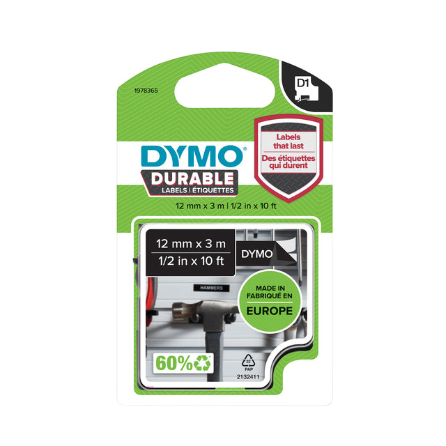 Dymo -  Labele LabelManager D1 polyester 12mm wit op zwart | 6 stuks