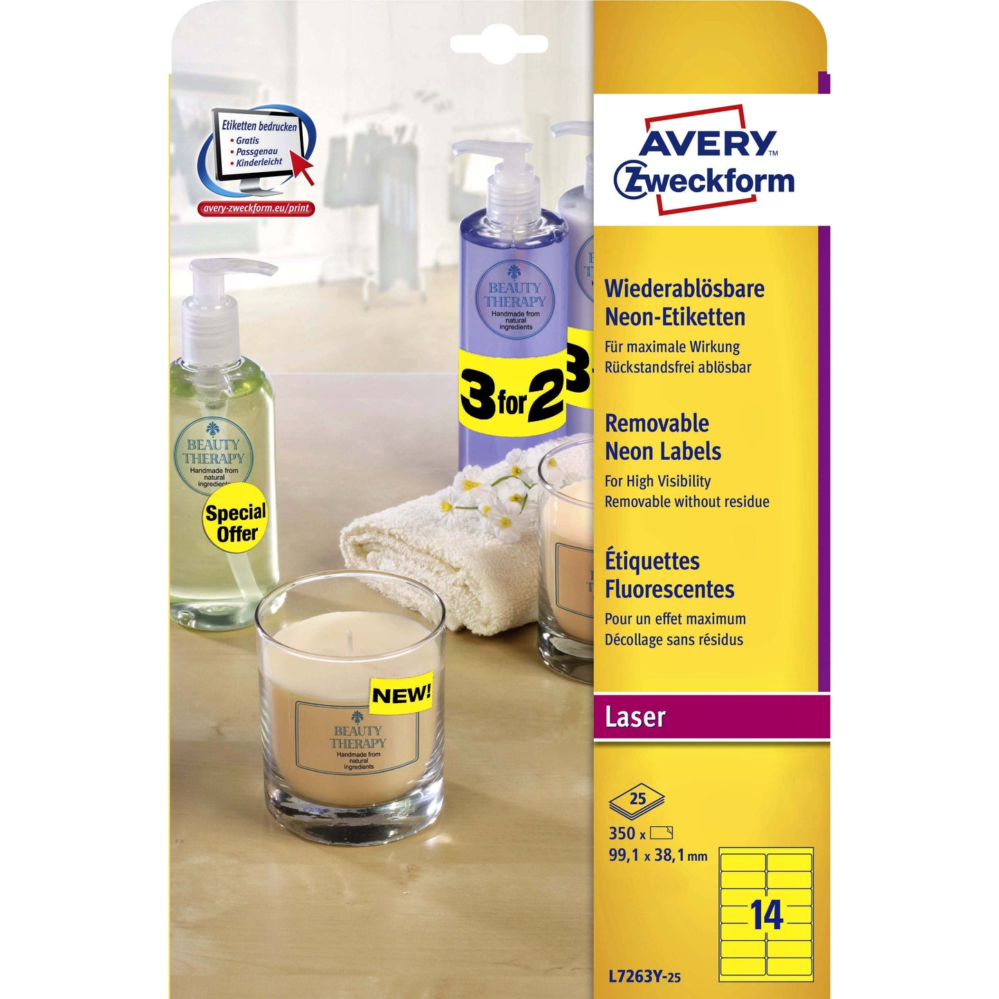 Avery - Étiquette L7263Y-25 99,1x38,1mm jaune fluo 350 étiquettes