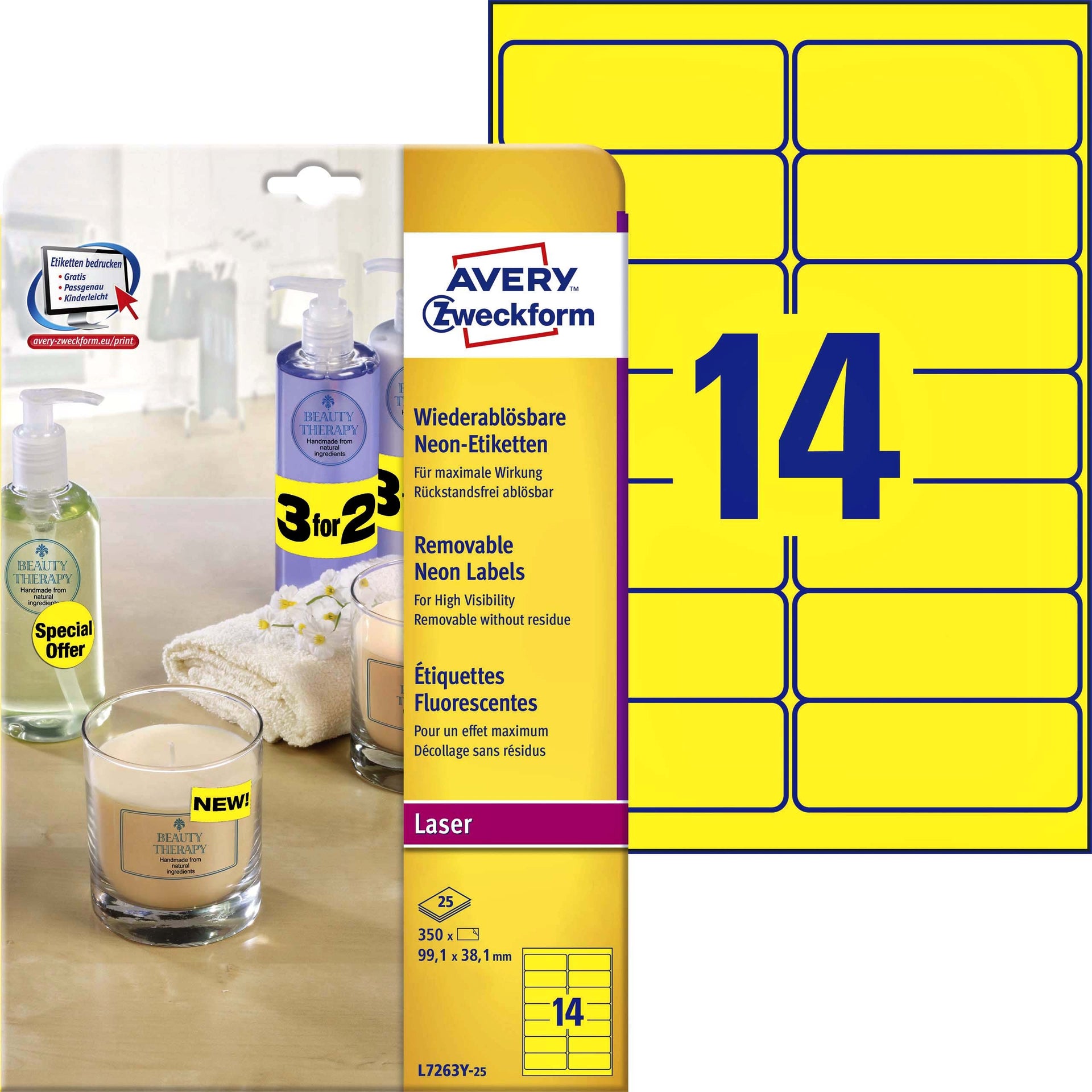 Avery -  Etiket  l7263y-100 99.1x38.1mm geel 1400st