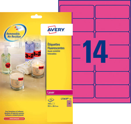 Avery -  Etiket  l7363p-25 99.1x38.1mm roze 340st