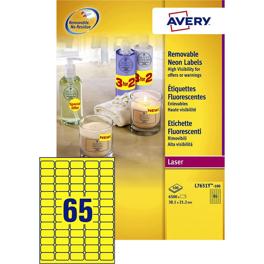 Avery -  Etiket  l7651y-100 38.1x21.2mm geel 6500st