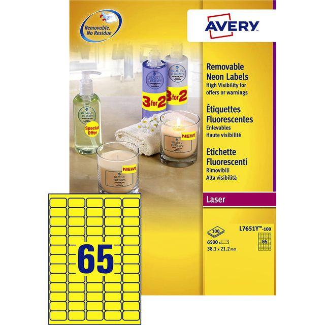 Avery - Étiquettes néon détachables ft 38,1 x 21,2 mm (b x h), boîte de 100 feuilles, 6500 pièces, néon -yellow