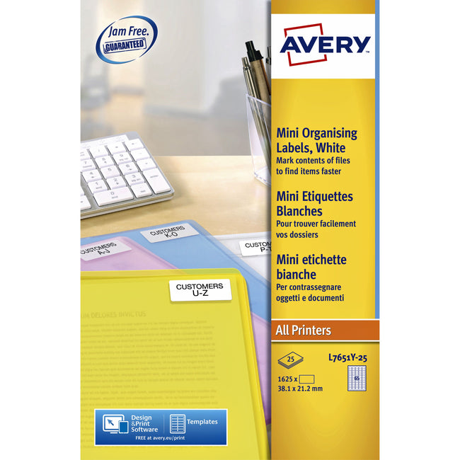 Avery -  Etiket  l7651y-25 38.1x21.2mm geel 1625st