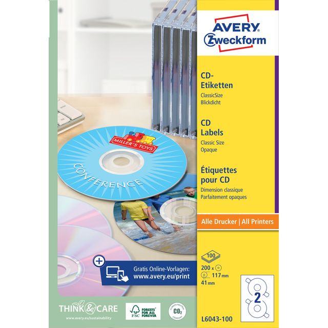 Avery Zweckform -  Etiket Zweckform L6043-100 CD wit 200 stuks
