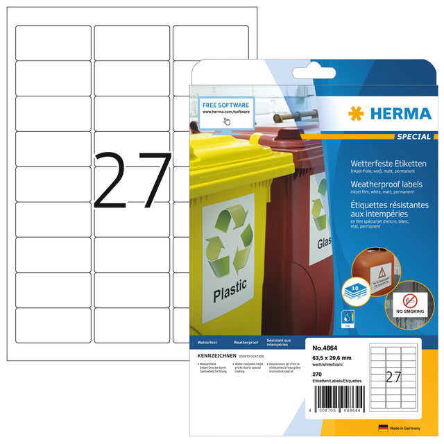 HERMA - Etiquette 4864 63,5x29,6mm blanc résistant aux intempéries 270 pièces