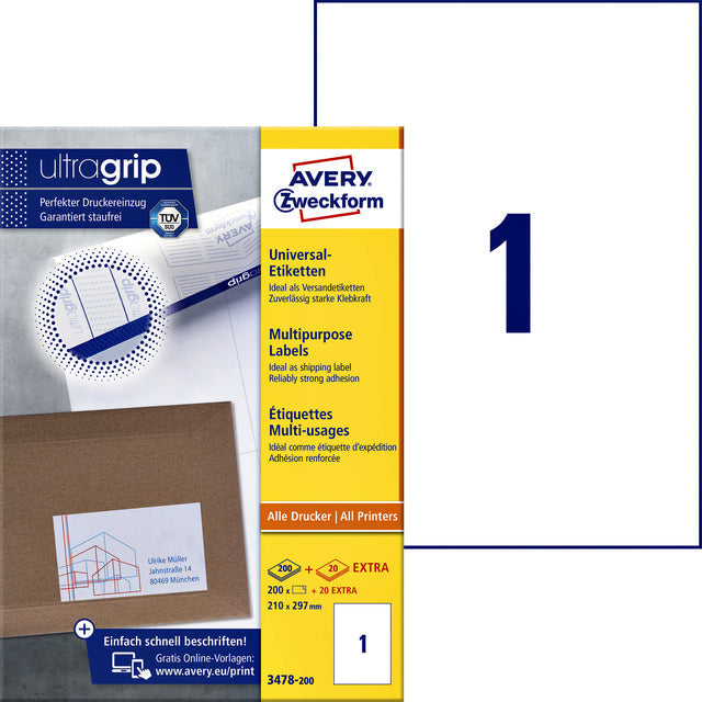 Avery Zweckform - Zweckform 3478-2, Universele etiketten, Ultragrip, wit, 200 vel, 1 per vel, ft 210 x 297 mm