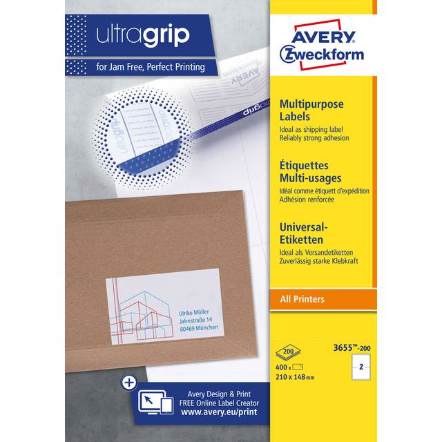 Avery Zweckform - Zweckform 3655-2, Universele etiketten, Ultragrip, wit, 200 vel, 2 per vel, ft 210 x 148 mm