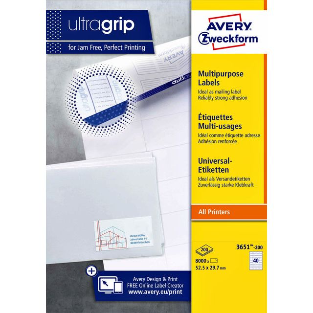 Avery Zweckform - Zweckform 3651-2, Universele etiketten, Ultragrip, wit, 200 vel, 40 per vel, ft 52,5 x 29,7 mm