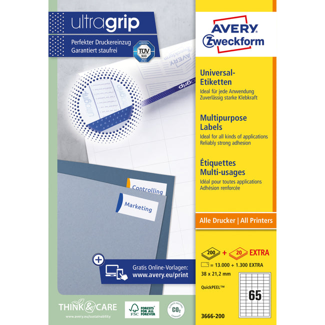 Avery -  Etiket az 3666 38x21.2mm wit 13000 stuks