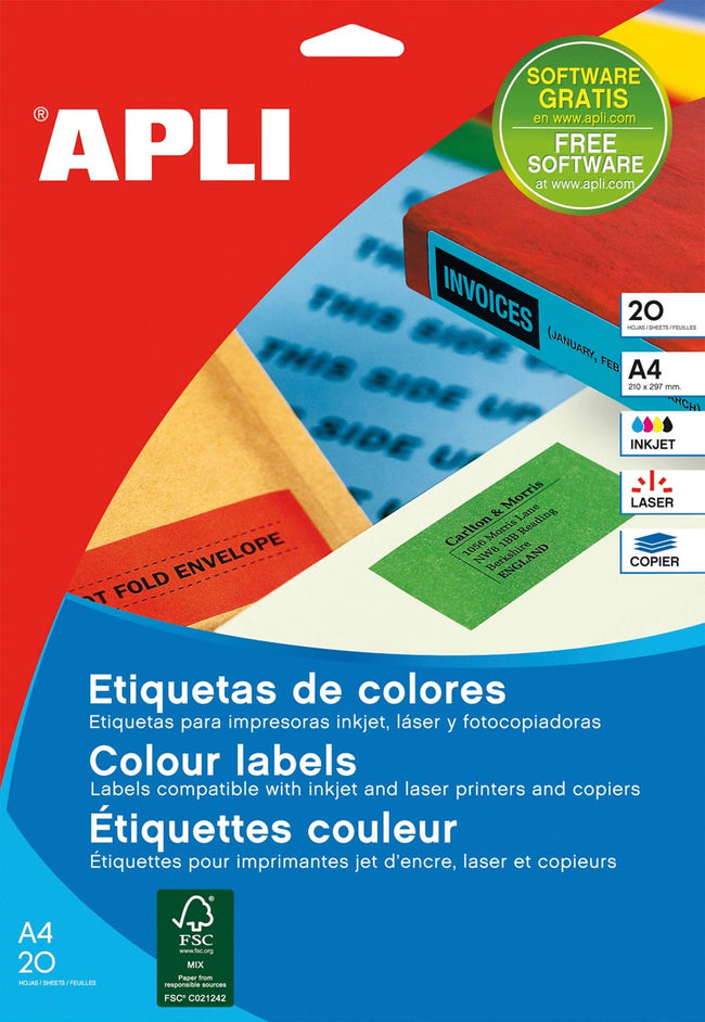 Apli -  gekleurde etiketten ft 70 x 37 mm (b x h), geel, 480 stuks, 24 per blad (1591)