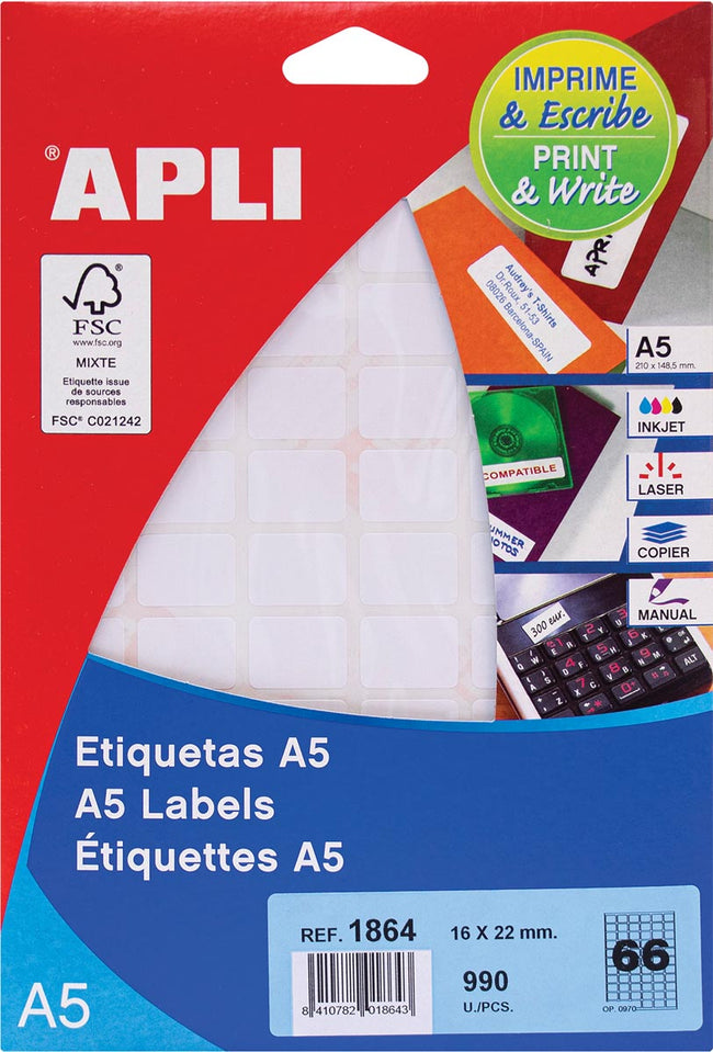 Apli -  witte etiketten Print Write ft 16 x 22 mm (b x h), 990 stuks, 66 per blad (1864)