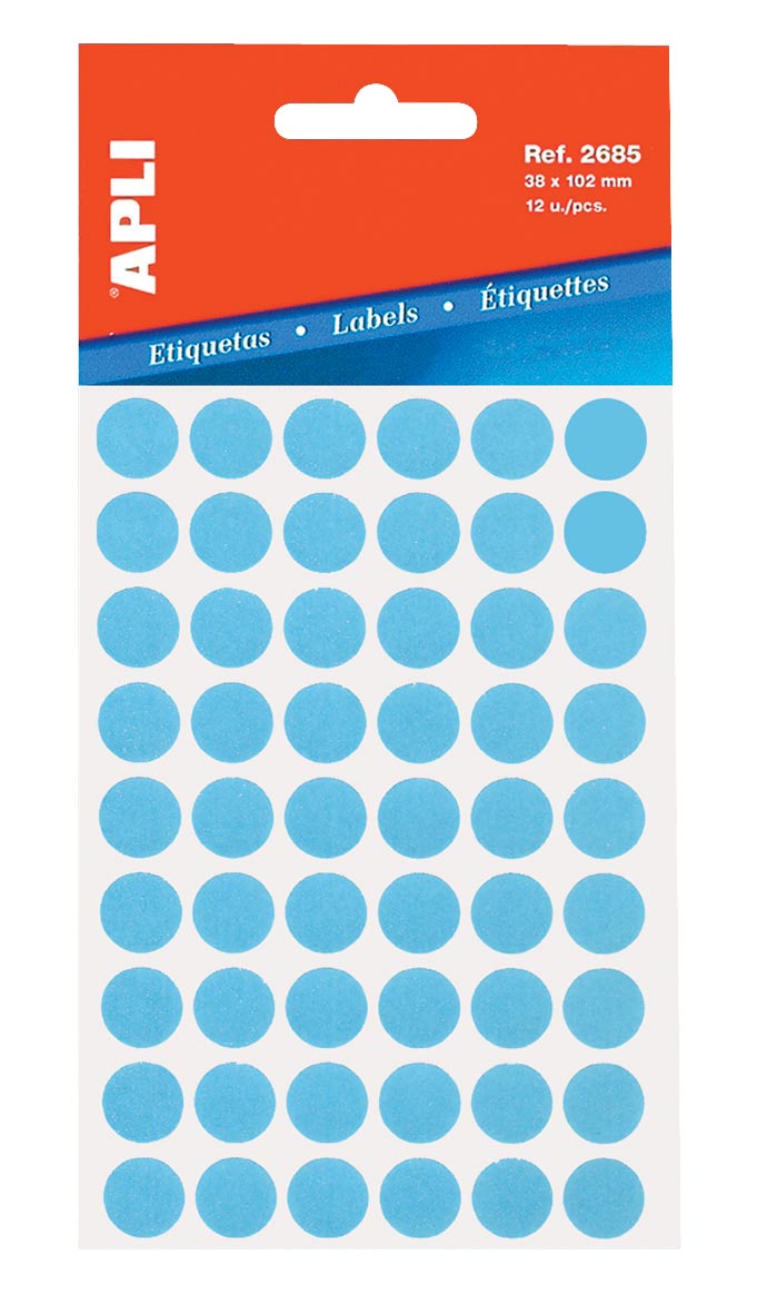 Apli -  ronde etiketten in etui diameter 13 mm, blauw, 175 stuks, 35 per blad (2056)