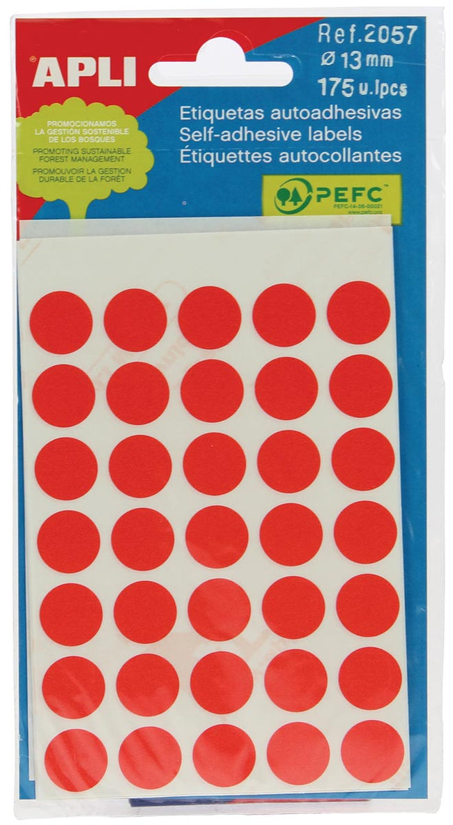 Apli -  ronde etiketten in etui diameter 13 mm, rood, 175 stuks, 35 per blad (2057)