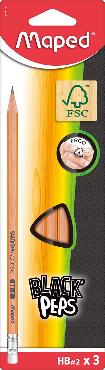 Maped - Crayon Black'Peps HB, avec gomme, étui suspendu en carton de 3 pièces
