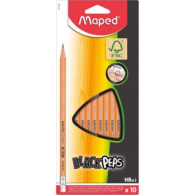 Maped - Crayon Black'Peps HB, avec gomme, étui suspendu en carton de 10 pièces