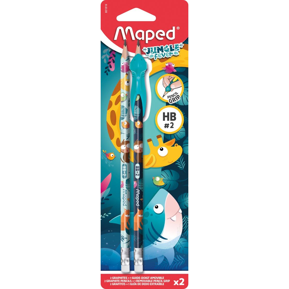 Maped -  grafietpotlood Jungle Fever HB met gom, + leerhulpmiddel, blister van 2 stuks, assorti