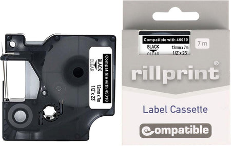 Rillprint -  compatible D1 e voor 45010, 12 mm, zwart op transparant