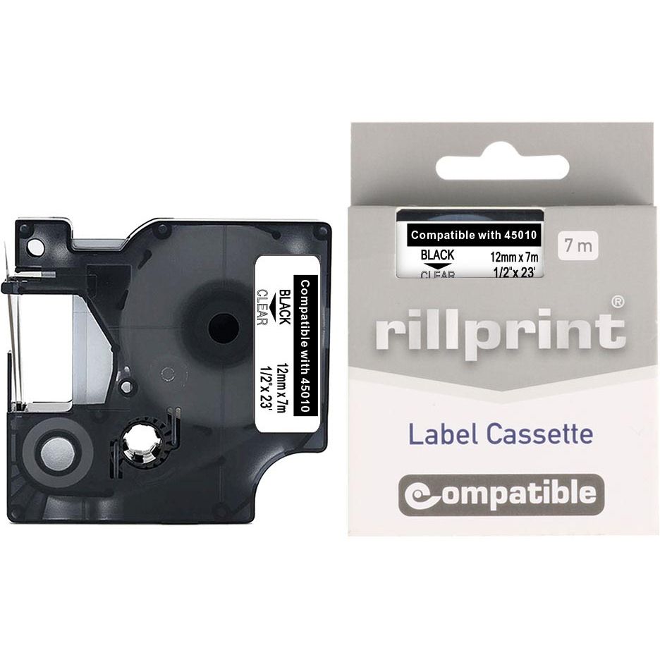 Rillprint -  compatible D1 e voor 45010, 12 mm, zwart op transparant