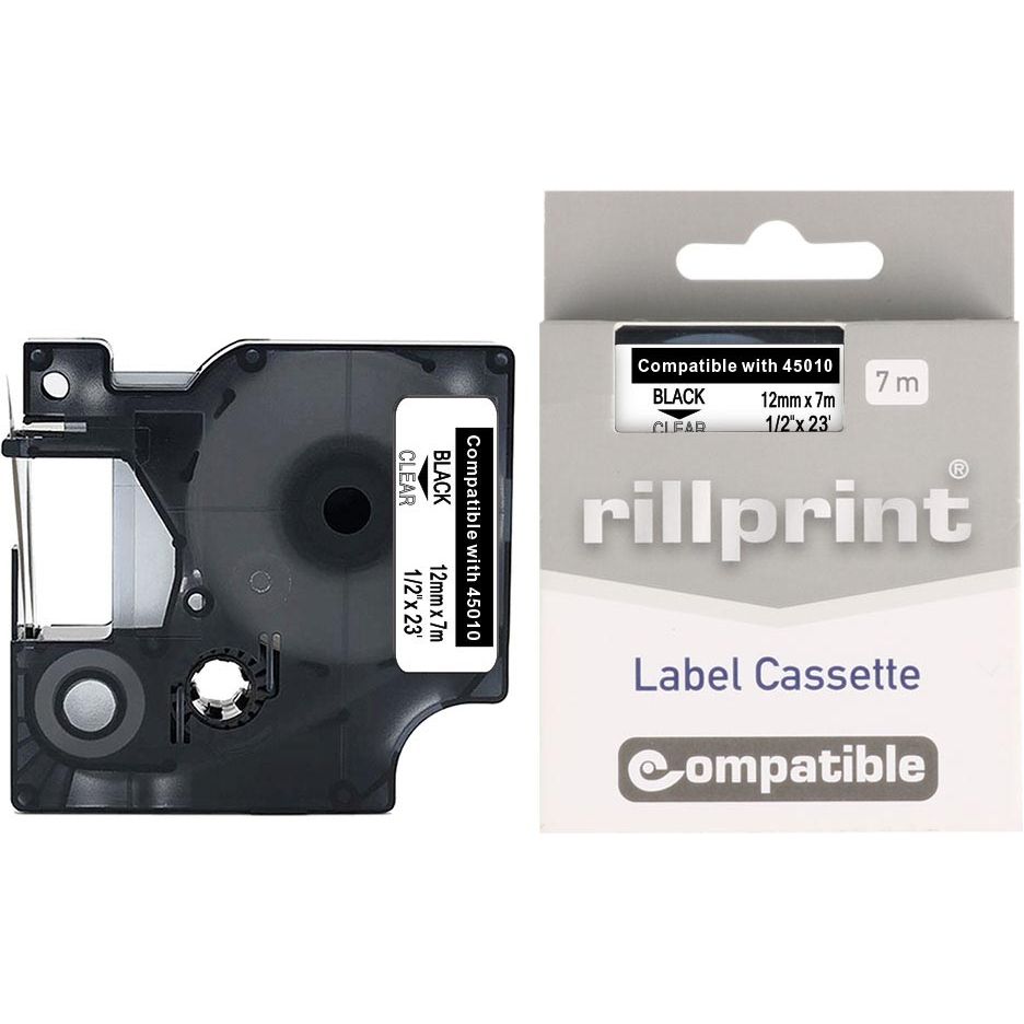 Rillprint - compatible D1 e voor 45010, 12 mm, zwart op transparant