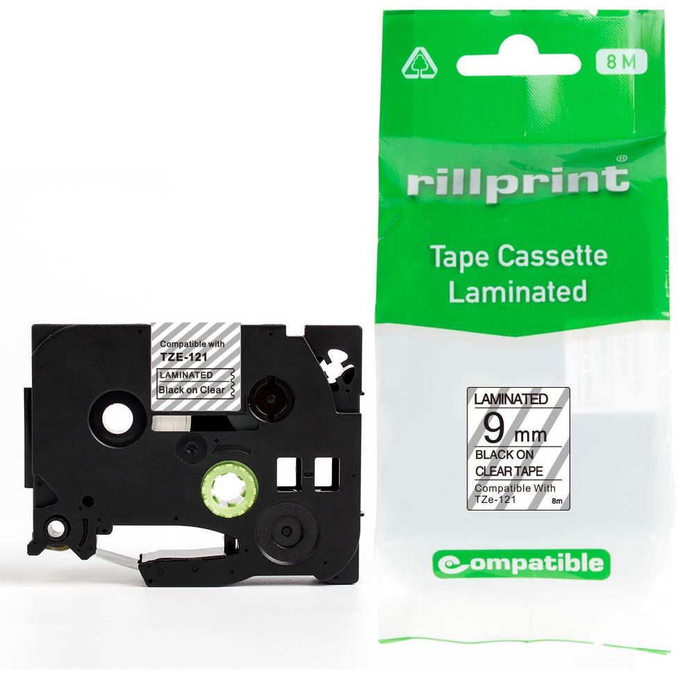 Rillprint - compatible TZe e pour TZe-121, 9 mm, noir sur transparent