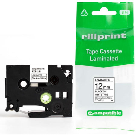 Rillprint -  compatible TZe e voor TZe-231, 12 mm, zwart op wit