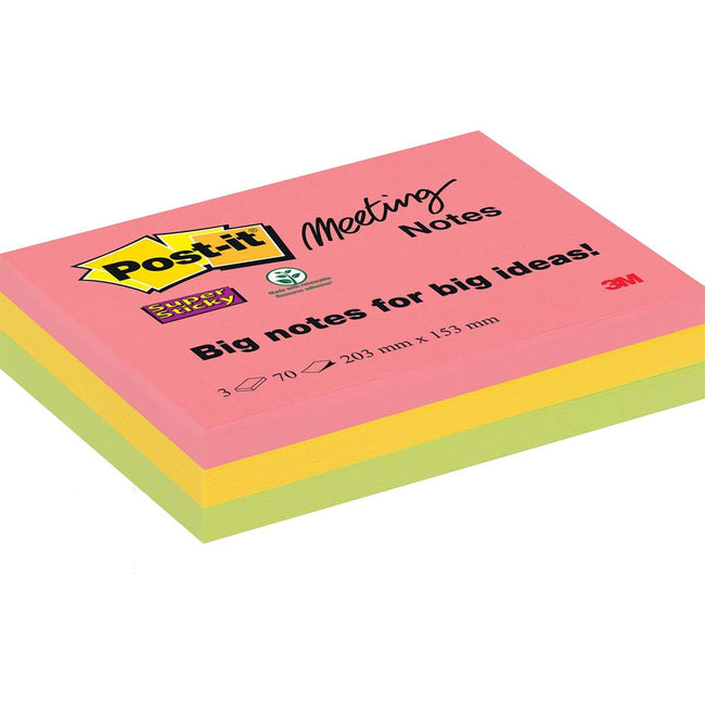 Post -it - Super Sticky Meeting Notes, 70 Vel, ft 203 x 153 mm, verschiedene Farben, Packung mit 3 Blöcken