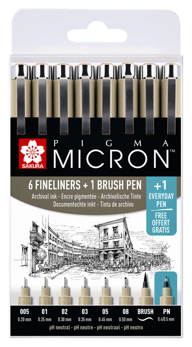 Sakura -  Fineliner pm 6 breedtes brushpen pn zwart | 6 stuks